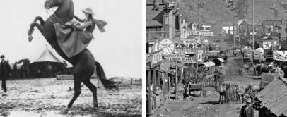 Vintage wild west photos. Left: A person rides a rearing horse on muddy ground beside a tent, wearing a hat. Right: A bustling old town street with people, horses, carriages, shops, and signs, set against a wooded hillside.