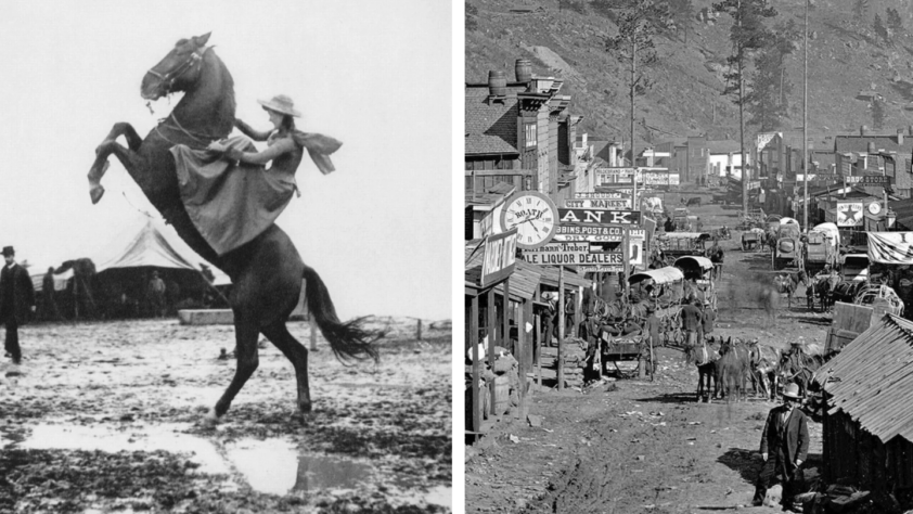 Vintage wild west photos. Left: A person rides a rearing horse on muddy ground beside a tent, wearing a hat. Right: A bustling old town street with people, horses, carriages, shops, and signs, set against a wooded hillside.