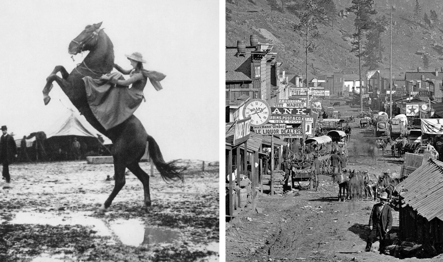 Vintage wild west photos. Left: A person rides a rearing horse on muddy ground beside a tent, wearing a hat. Right: A bustling old town street with people, horses, carriages, shops, and signs, set against a wooded hillside.