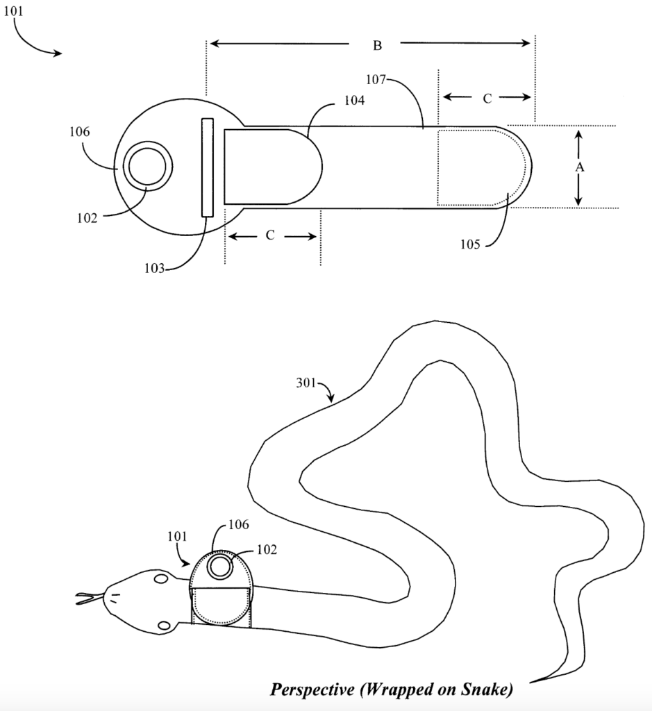 Line drawings depict a GPS device labeled 101 attached to a snake, showing top and side views. Diagram includes dimensions A, B, and C, indicating size ratios. The device has components labeled 103, 104, 105, 106 with arrows showing positioning.