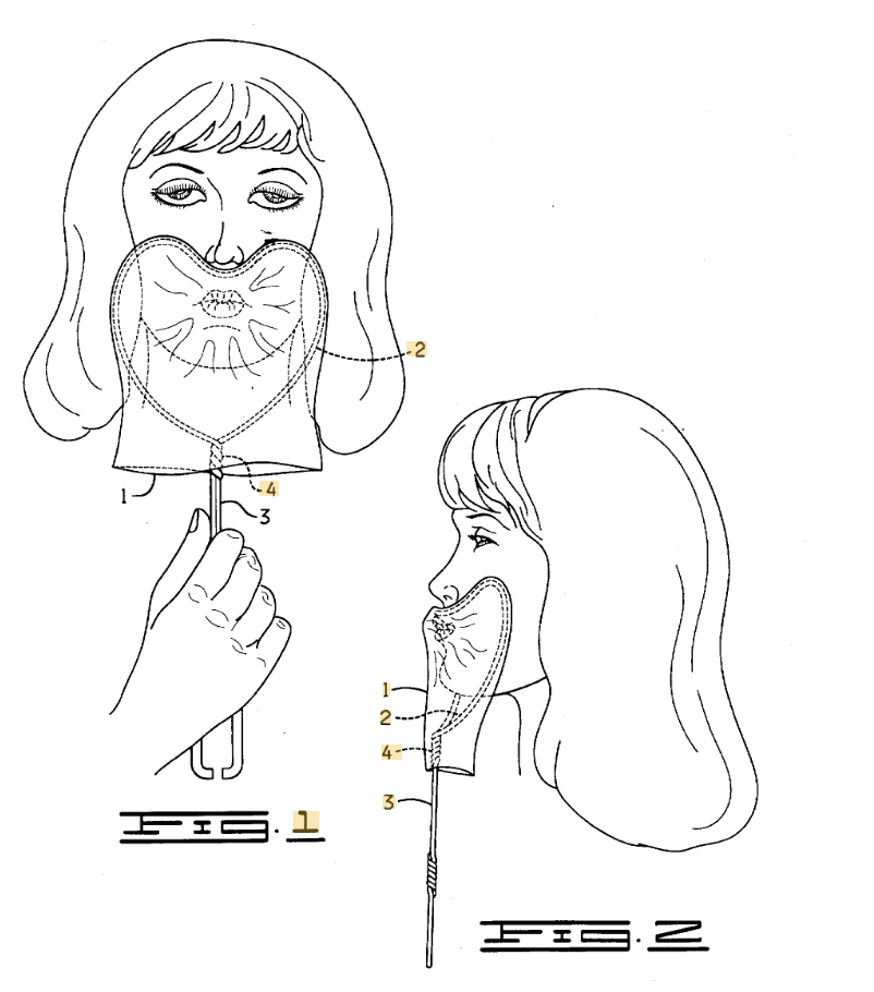 Line drawing of a person holding a mask in front of their face. The mask covers the nose and mouth, with a handle extending downwards. Two figures illustrate a front and side view, showing mask details.