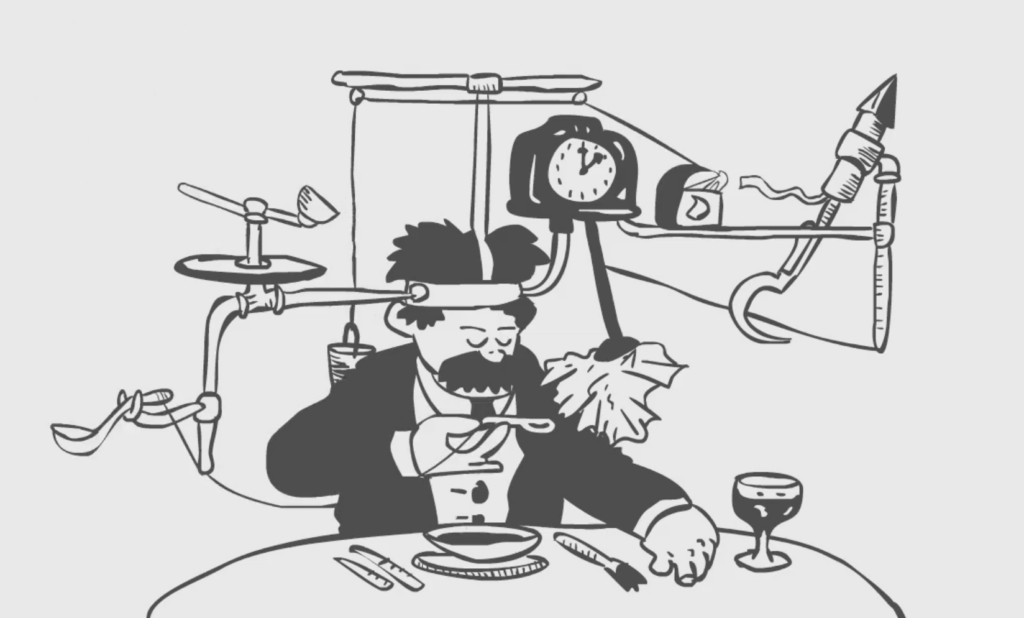 A man sits at a table with a bowl of soup. He wears a whimsical contraption on his head featuring a clock, mop, and rocket. The device has a spoon feeding him, with various gears and levers. A wine glass is on the table.