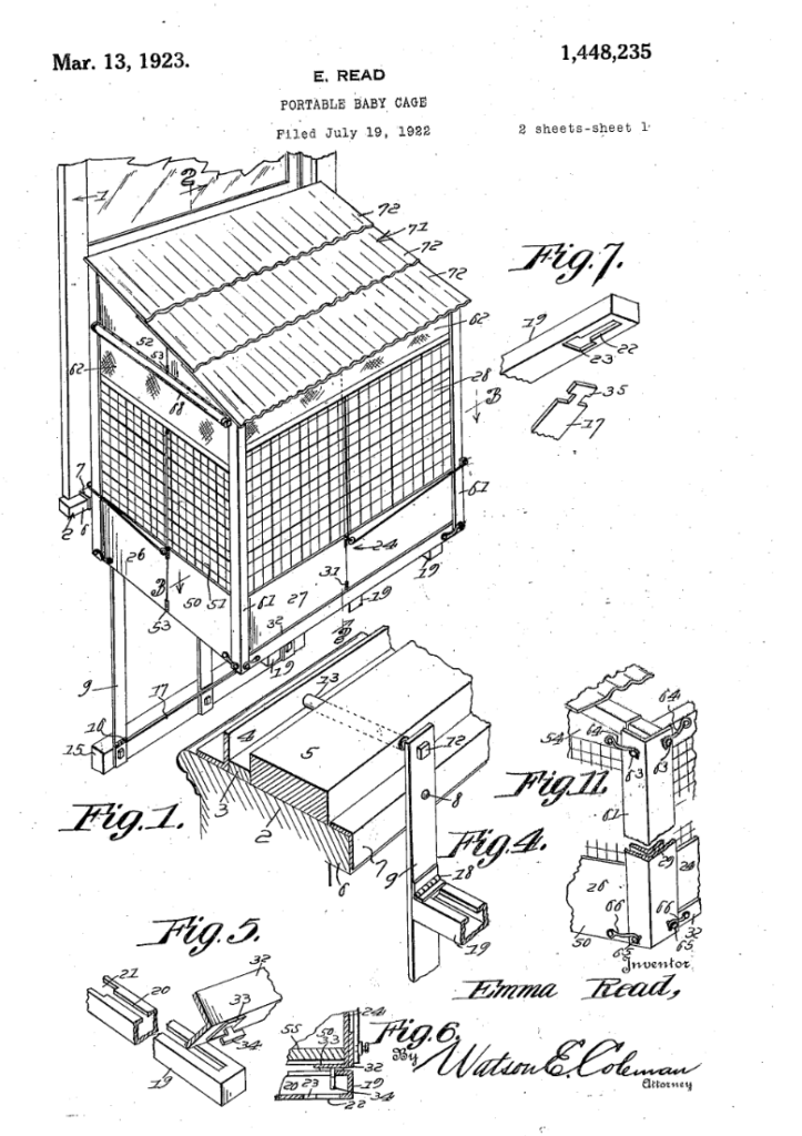 Patent illustration of a portable baby cage from 1923. Features detailed drawings labeled Fig. 1 to Fig. 5, showing various views and components of the cage, including assembly details and construction notes.