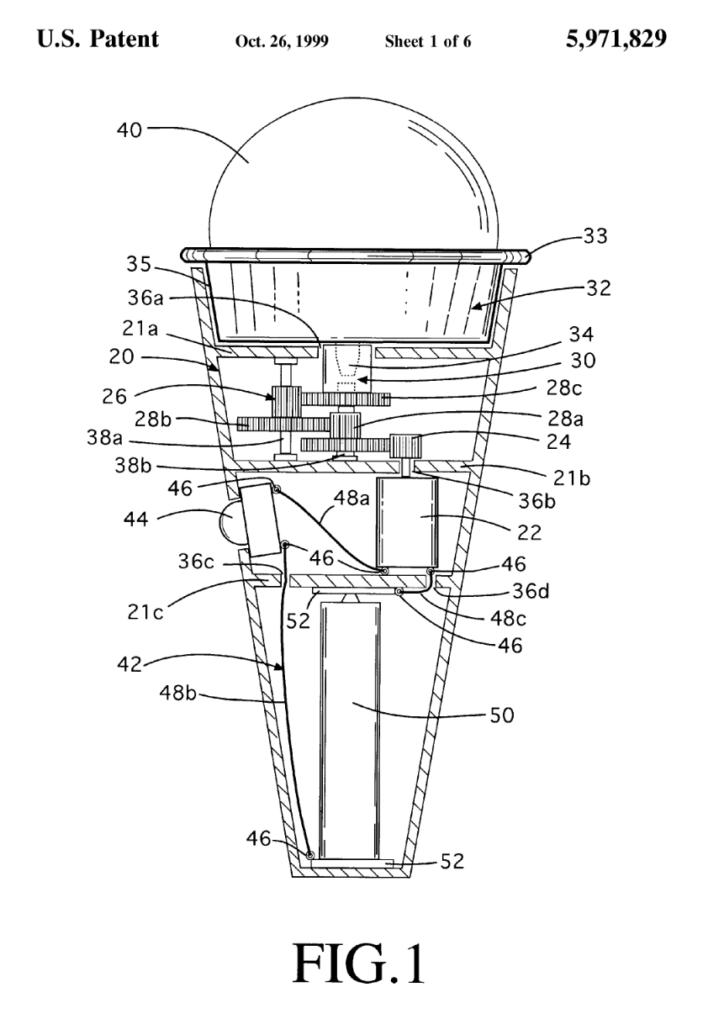 Diagram of a patented device with a dome-shaped top labeled "40" and a tapered base. Internal components include various gears, wires, and numbered parts. Text at the top reads "U.S. Patent Oct. 26, 1999 Sheet 1 of 6 5,971,829.