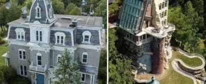 Left: A historic, three-story stone mansion with a mansard roof and dormer windows. Right: An unconventional, cliffside house with large glass panels and a winding pathway on a lush hillside.