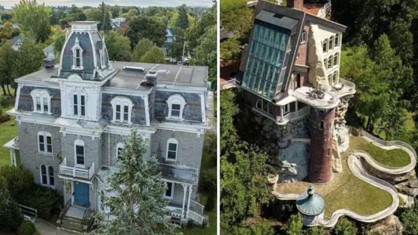 Left: A historic, three-story stone mansion with a mansard roof and dormer windows. Right: An unconventional, cliffside house with large glass panels and a winding pathway on a lush hillside.