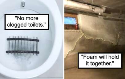 The image is split into two sections. The left shows water flushing successfully through a toilet fitted with an anti-clogging device. The right depicts a basement wall with foam sealer filling large cracks. Text on the left reads, "No more clogged toilets," and on the right, "Foam will hold it together.