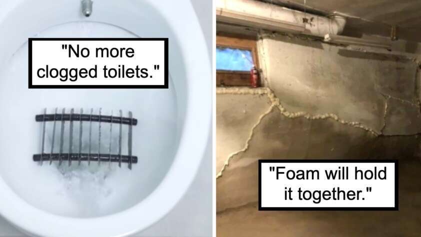 The image is split into two sections. The left shows water flushing successfully through a toilet fitted with an anti-clogging device. The right depicts a basement wall with foam sealer filling large cracks. Text on the left reads, "No more clogged toilets," and on the right, "Foam will hold it together.