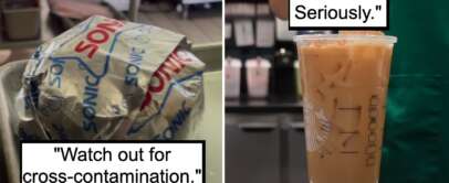 Left side: A wrapped meal labeled 'Sonic' sits in a food prep area with a caption "Watch out for cross-contamination." Right side: A barista holds an iced coffee in a clear cup with a caption "The ice. Seriously." Background features kitchen utensils and equipment.