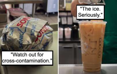 Left side: A wrapped meal labeled 'Sonic' sits in a food prep area with a caption "Watch out for cross-contamination." Right side: A barista holds an iced coffee in a clear cup with a caption "The ice. Seriously." Background features kitchen utensils and equipment.