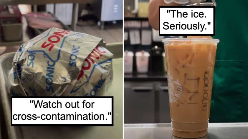 Left side: A wrapped meal labeled 'Sonic' sits in a food prep area with a caption "Watch out for cross-contamination." Right side: A barista holds an iced coffee in a clear cup with a caption "The ice. Seriously." Background features kitchen utensils and equipment.