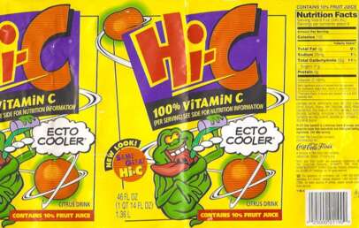 A colorful Hi-C juice box label featuring "Ecto Cooler" flavor with an animated green ghost holding an orange. The label states "100% Vitamin C" and includes nutrition facts. Vibrant yellow background with playful graphics and text.