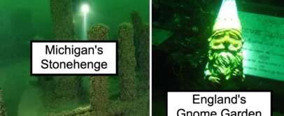 Left: Underwater structure labeled "Michigan's Stonehenge" lit by a diver's flashlight. Right: A glowing garden gnome with a pointed hat labeled "England's Gnome Garden" in a dark setting.