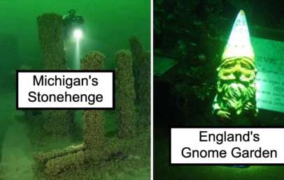 Left: Underwater structure labeled "Michigan's Stonehenge" lit by a diver's flashlight. Right: A glowing garden gnome with a pointed hat labeled "England's Gnome Garden" in a dark setting.