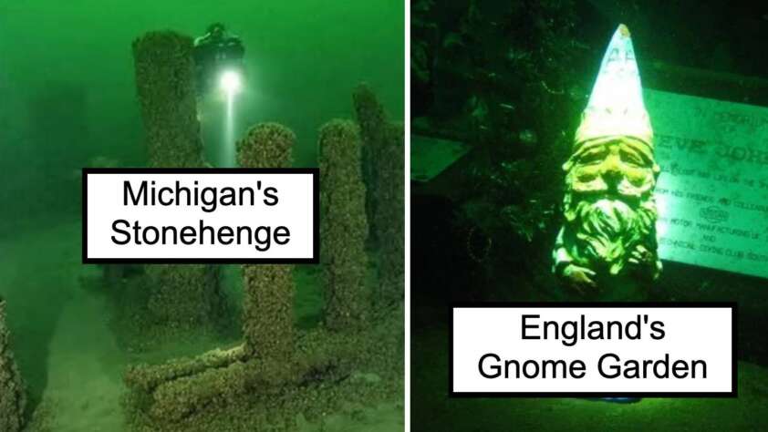 Left: Underwater structure labeled "Michigan's Stonehenge" lit by a diver's flashlight. Right: A glowing garden gnome with a pointed hat labeled "England's Gnome Garden" in a dark setting.