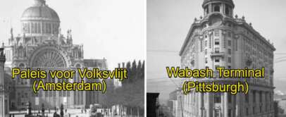 Black and white photo split: left shows the ornate Paleis voor Volksvlijt in Amsterdam, right shows the grand Wabash Terminal in Pittsburgh. Both historic architectural structures have labeled captions.