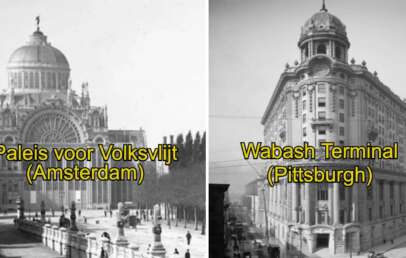 Black and white photo split: left shows the ornate Paleis voor Volksvlijt in Amsterdam, right shows the grand Wabash Terminal in Pittsburgh. Both historic architectural structures have labeled captions.