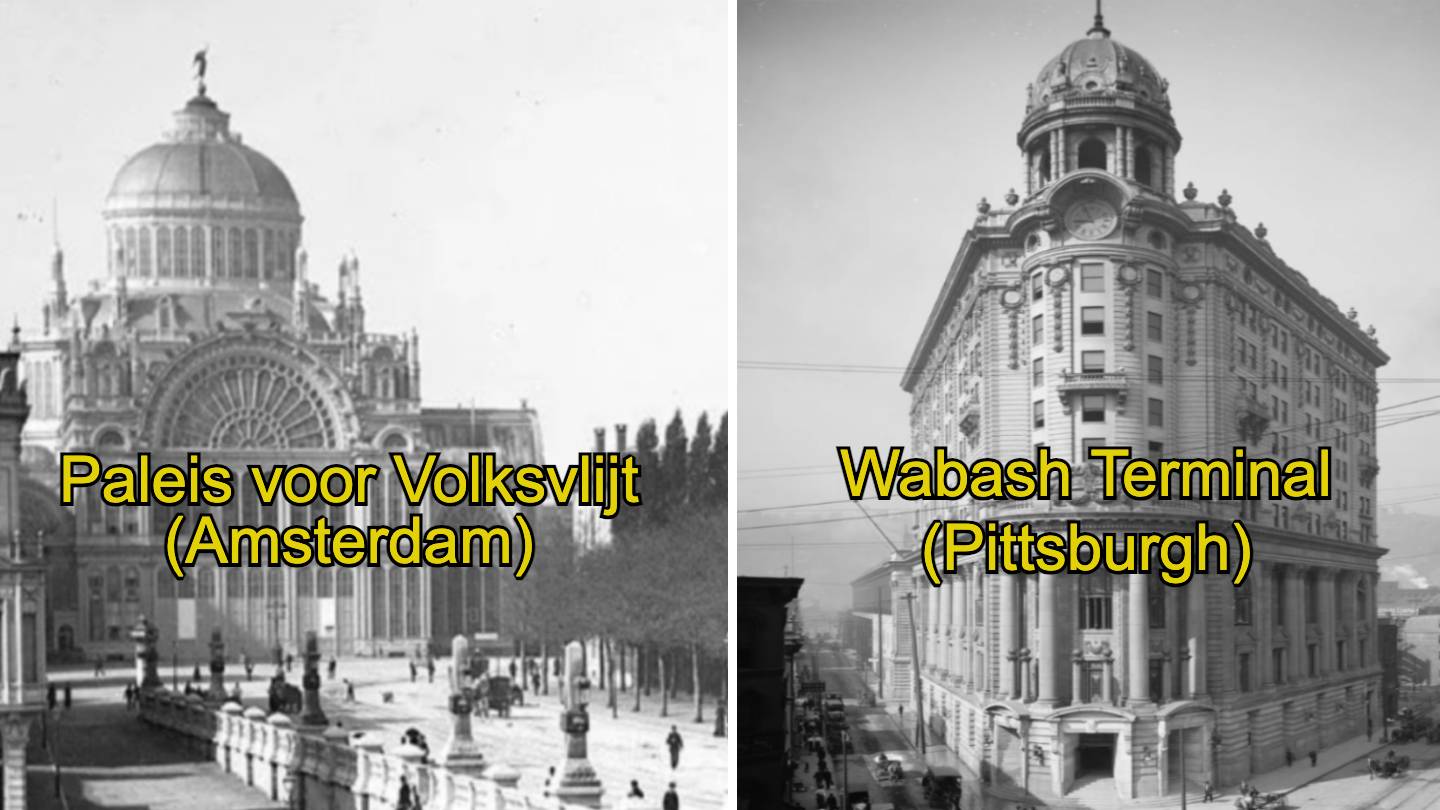 Black and white photo split: left shows the ornate Paleis voor Volksvlijt in Amsterdam, right shows the grand Wabash Terminal in Pittsburgh. Both historic architectural structures have labeled captions.